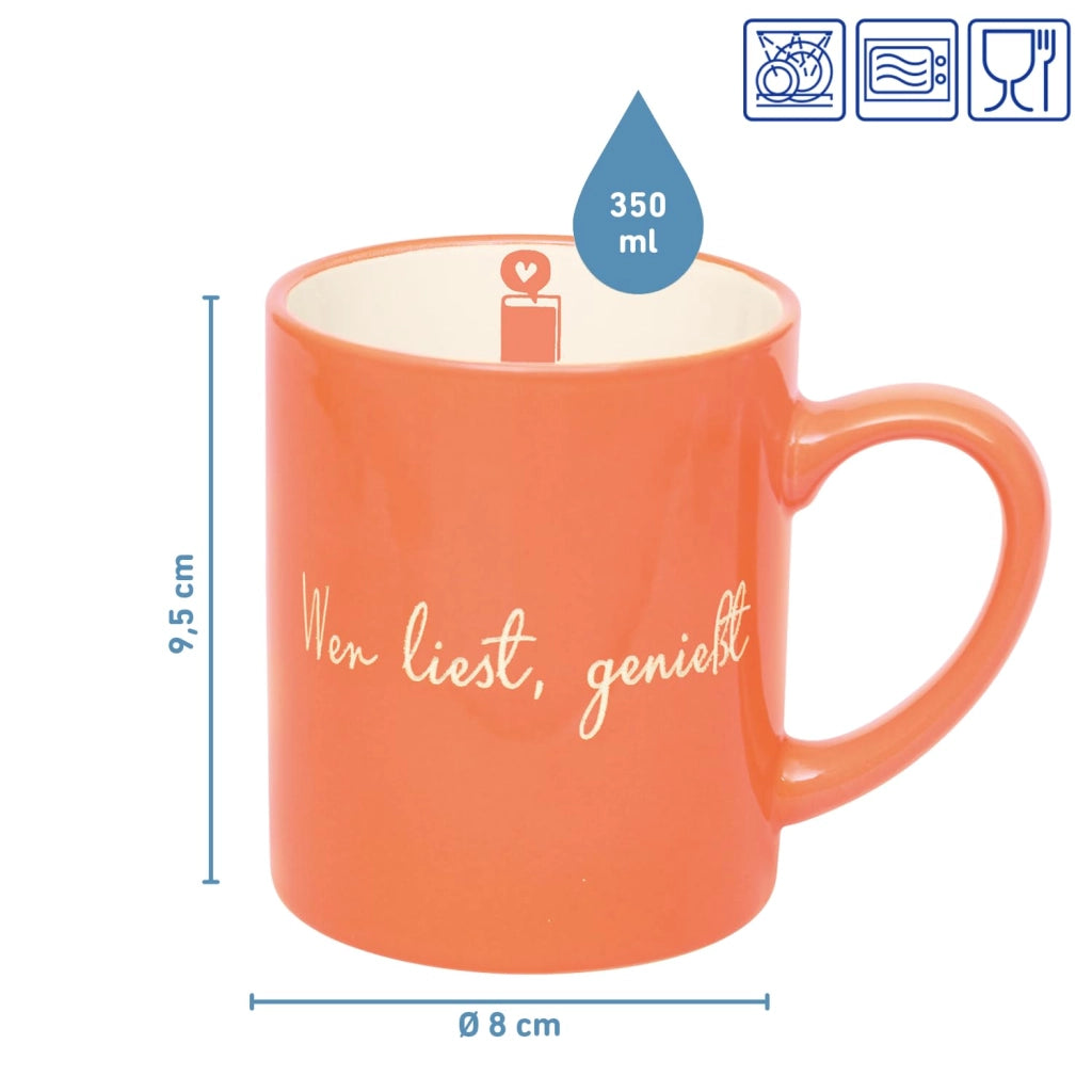 Tazza da caffè in Vetroceramica con motivo a tema libro, color pesca, capacità 350 ml