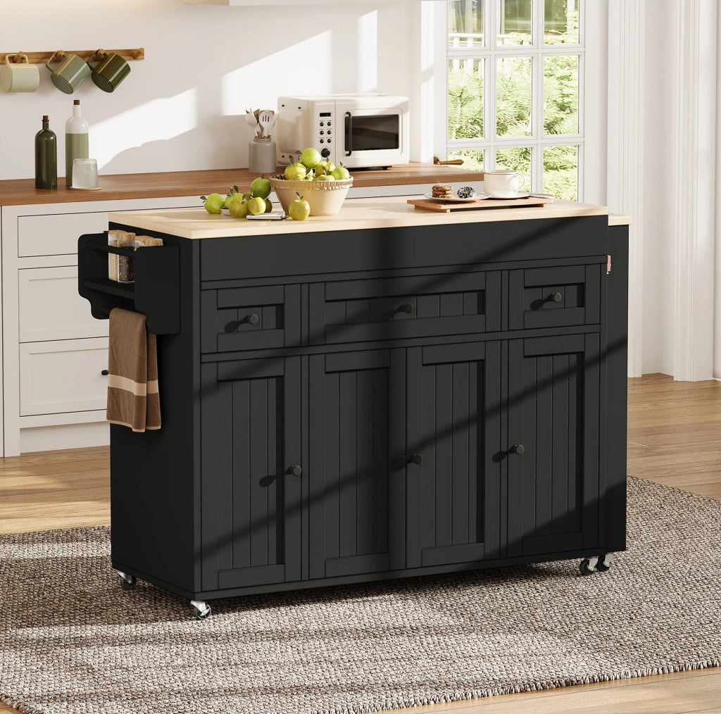Isola da cucina mobile allungabile con 3 cassetti, nero e naturale