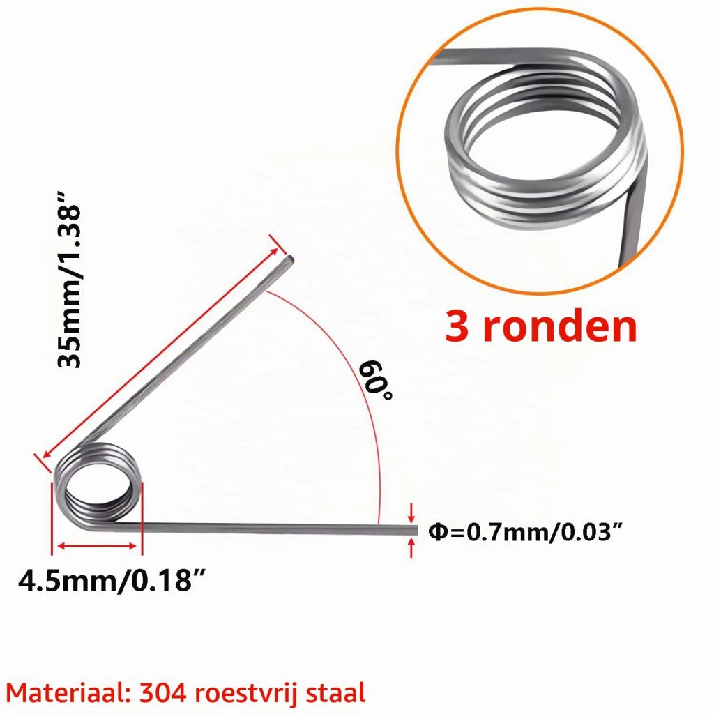 Molle a torsione, 10 pezzi, a forma di "V", 0,7 mm, 4,5 mm, 60°