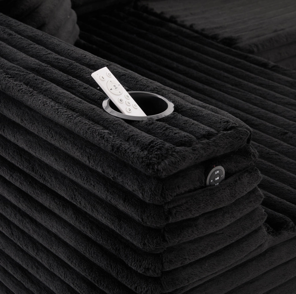 Divano modulare a U 320x155x88 cm in tessuto nero con portabicchieri