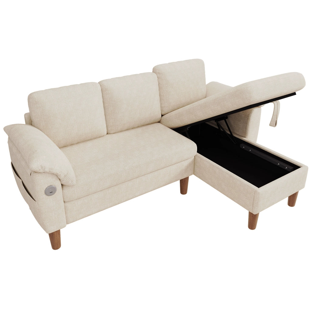 Divano angolare 3 posti beige in ciniglia con contenitore, USB e Type-C