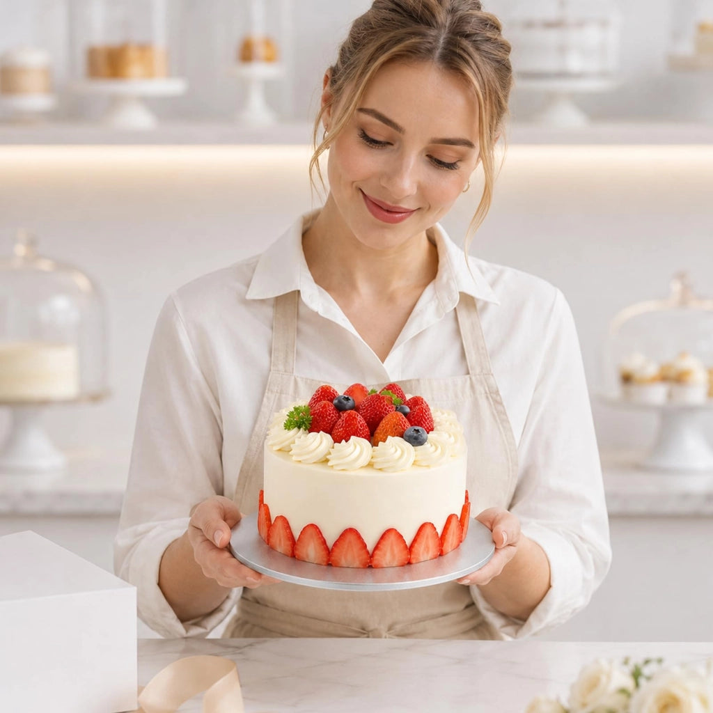 Piatto per torte rotondo, diametro 20 cm, colore argento, in cartone, monouso, confezione singola