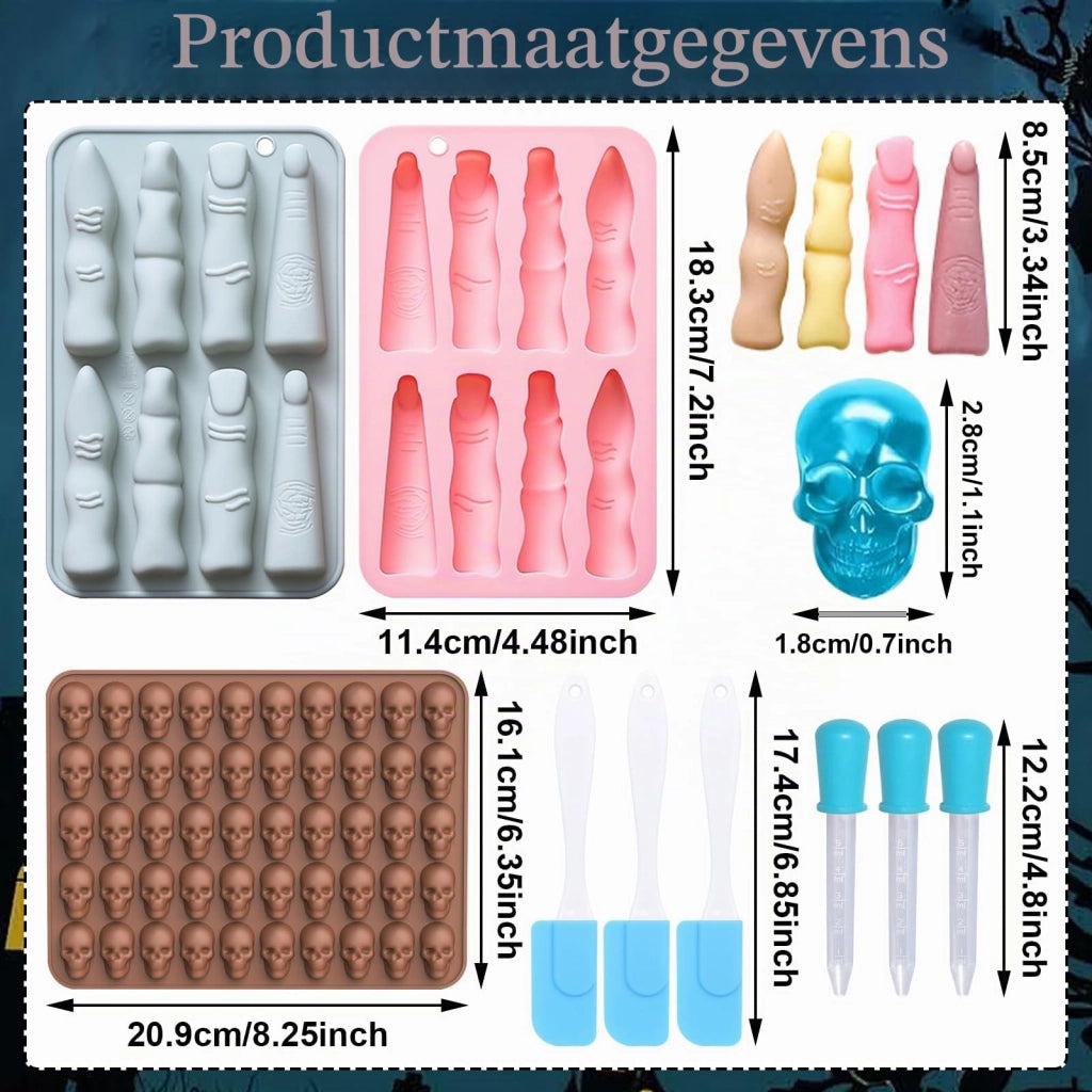 Set di stampi in silicone a tema Halloween: dita e teschi, composto da 9 pezzi