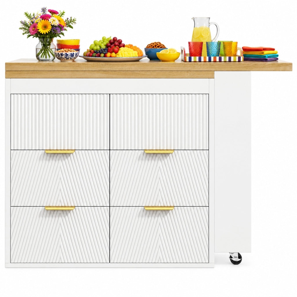 Tavolo bar IVMEU girevole a 360¡ã con 6 cassetti e vano laterale, 128-203 x 39 x 90 cm, bianco in MDF