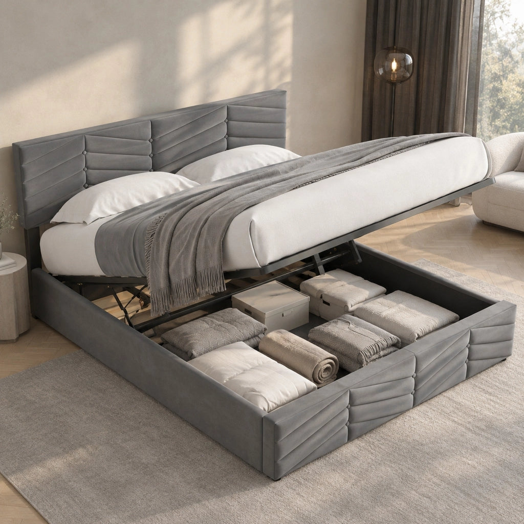 Letto imbottito contenitore 140x200 grigio in velluto con materasso