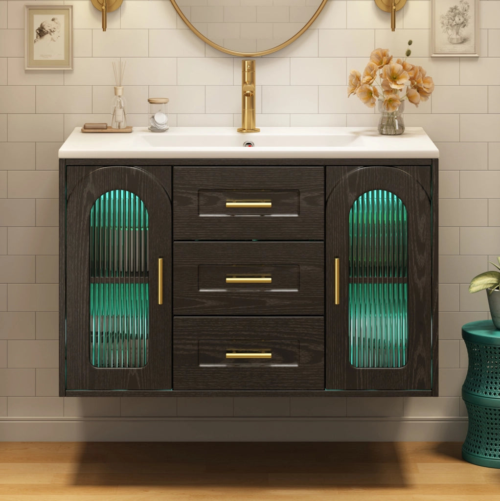 Mobile bagno sospeso nero 76 cm con lavabo, LED e ante in vetro