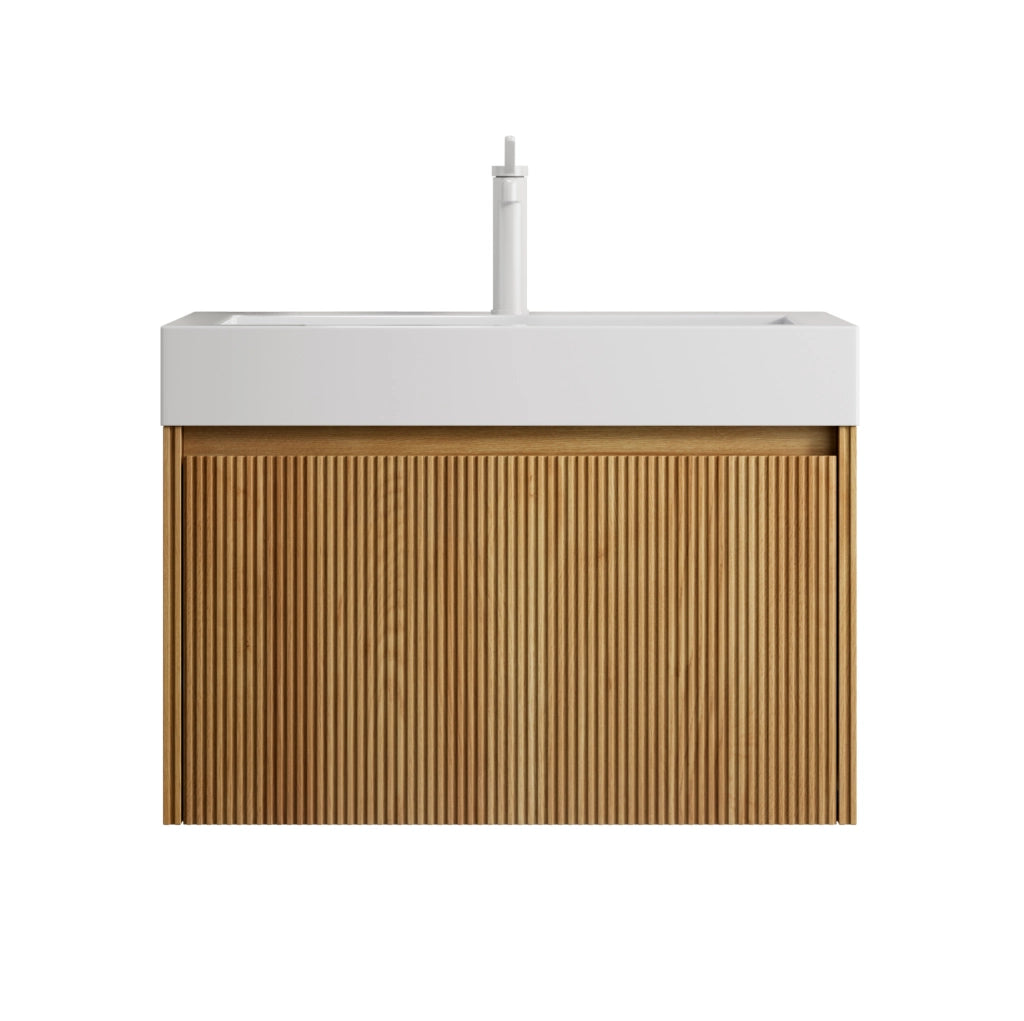 Mobile bagno sospeso 70 cm con lavabo integrato in resina bianca e corpo in compensato effetto quercia naturale