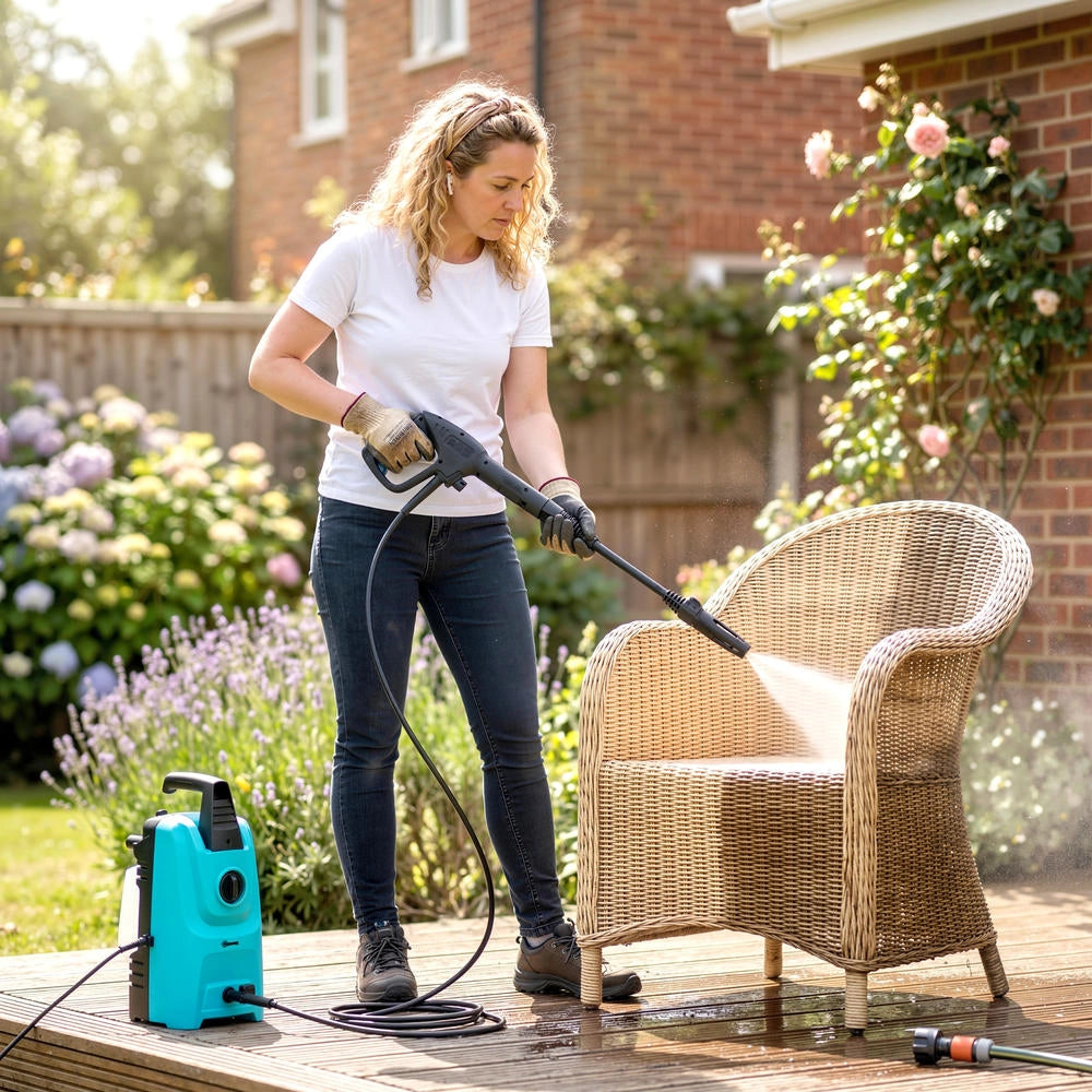 Idropulitrice ad alta pressione 1500W compatta con ugello regolabile e kit pulizia per auto e giardino, 20.5x19x40.4 cm, blu