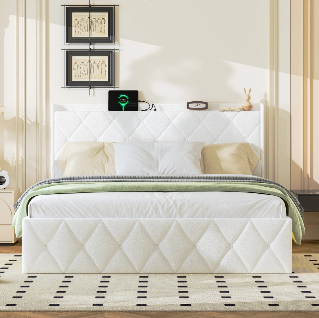 LETTO Imbottito 160x200 cm Bianco con USB, LED e testiera con ripiano