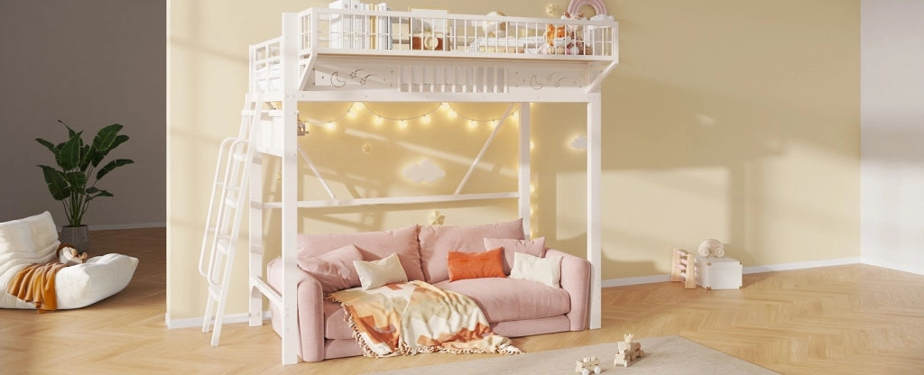 Letto a soppalco in metallo 90x200 cm con ripiani e vano aperto, senza materasso, bianco