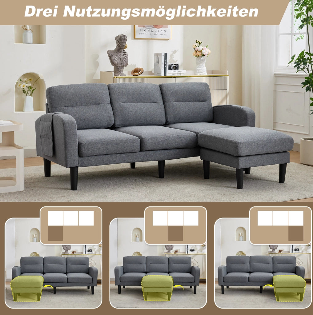 Divano angolare modulare 3 posti con chaise longue 204x136x80 cm; grigio