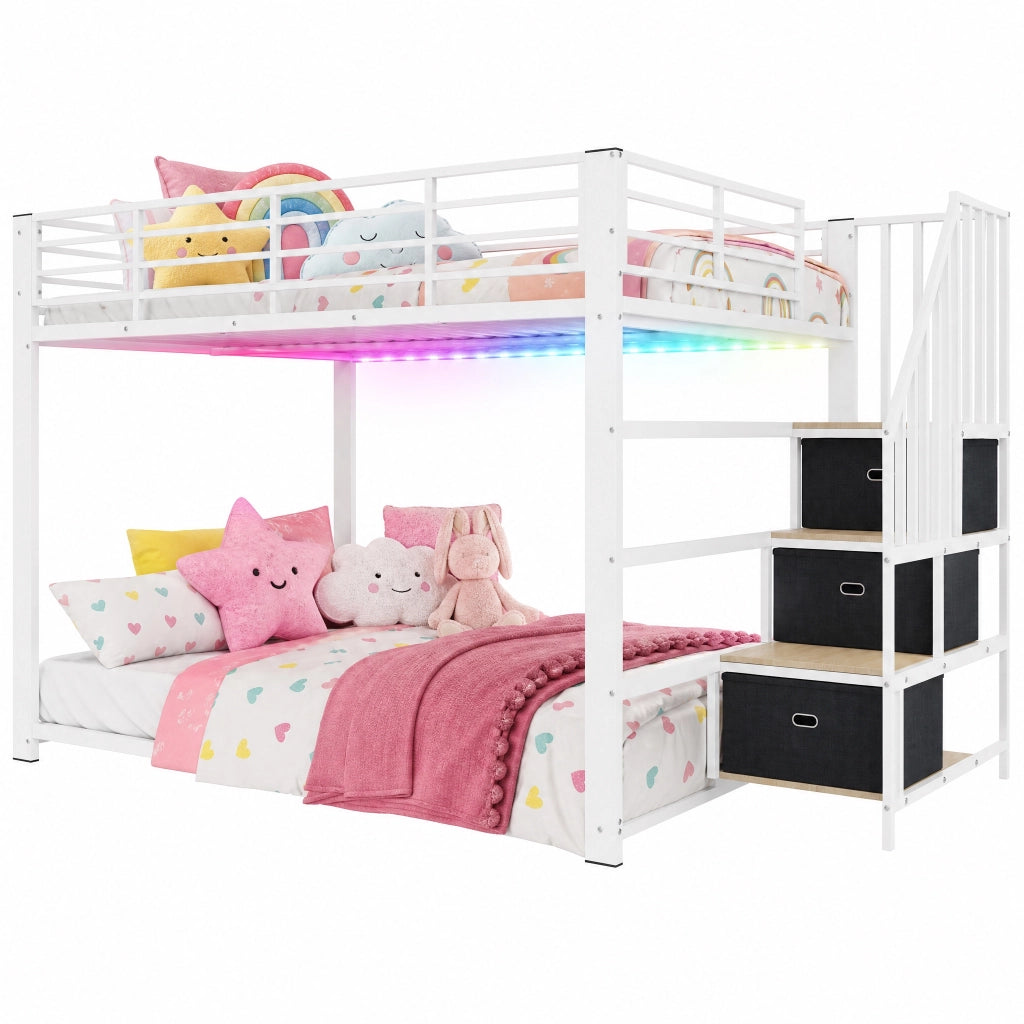 Letto a castello 140x200 cm con scala contenitore reversibile; LED e USB; in metallo e MDF; bianco e noce