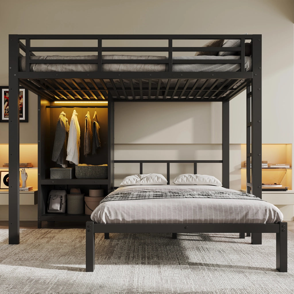 Letto a castello in metallo nero 120 x 200 cm con armadio integrato e luce LED per cameretta