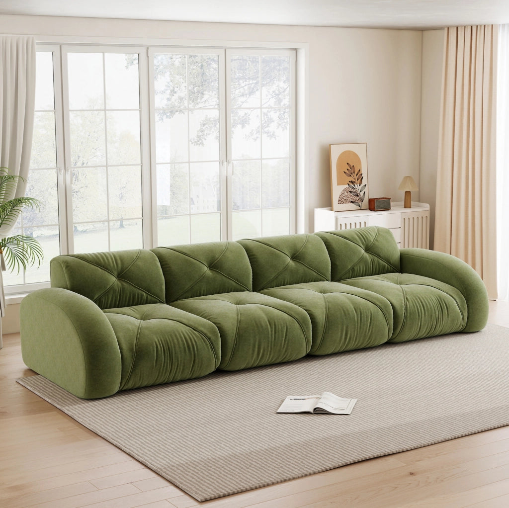 Divano modulare 4 posti con cuscini inclusi e moduli componibili in tessuto chenille verde per soggiorno, moderno