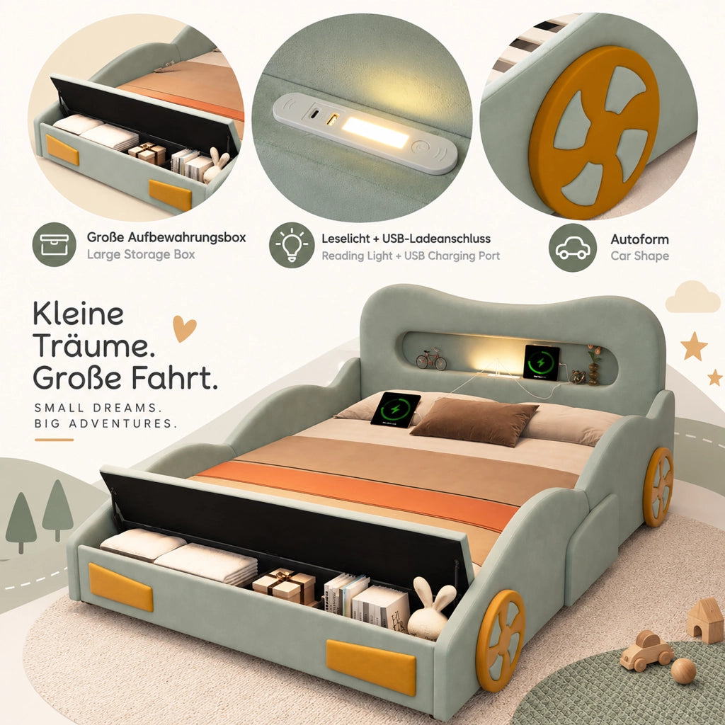 Letto A Forma Di Auto Per Bambini 140 X 200 Cm; Verde; Imbottito In Flanella Con Luce E Contenitore