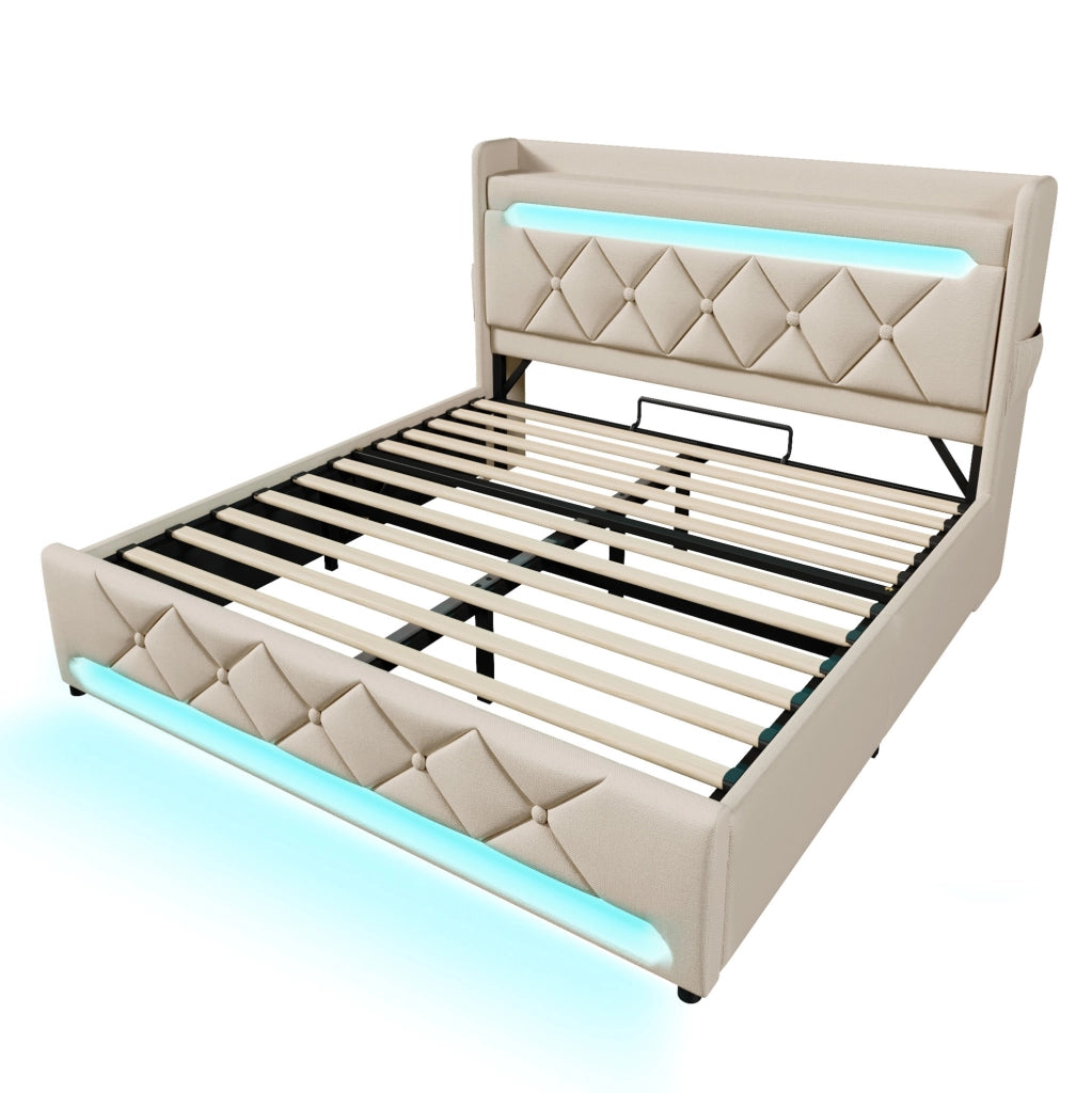 Letto matrimoniale 160 × 200 cm con contenitore idraulico; LED; USB e Type-C; lino beige