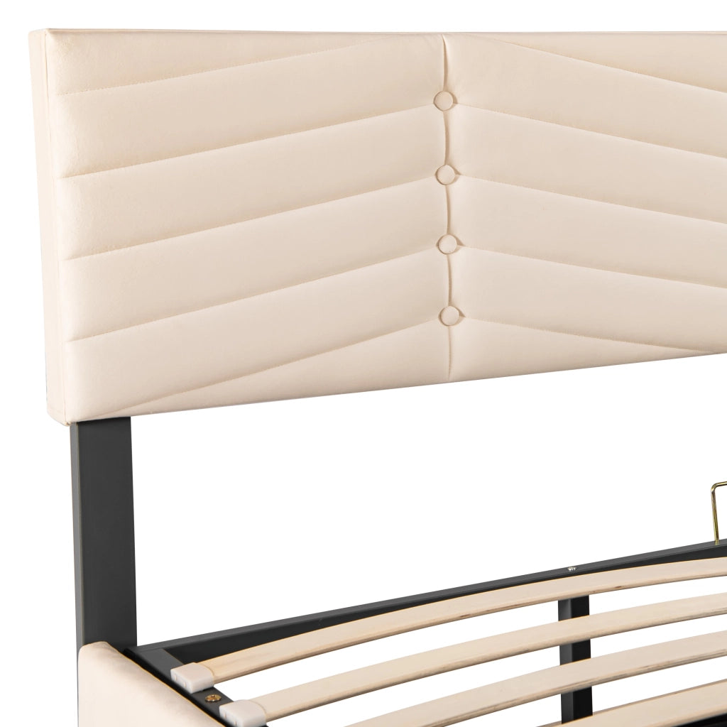 Letto matrimoniale contenitore 160 × 200 cm in velluto beige con testiera regolabile e sollevamento idraulico
