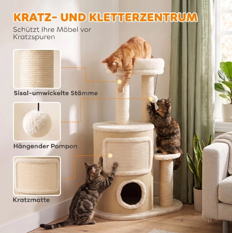 Tiragraffi per gatti beige a quattro livelli con cuccia e letto rialzato