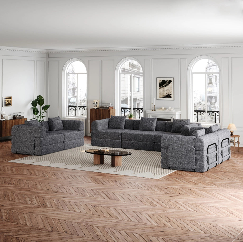 Divano letto singolo modulare con contenitore nel bracciolo e cuscini inclusi in tessuto chenille grigio
