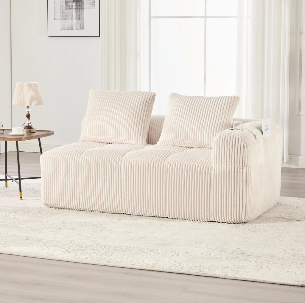 Divano 2 posti 158x93x61 cm in velluto a coste beige con tasche laterali e portabicchiere
