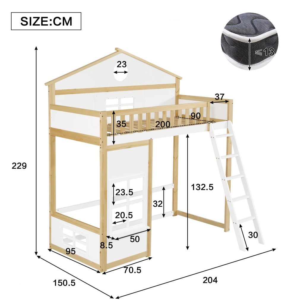 Letto a castello per bambini 90 × 200 cm con scala protezione anticaduta legno bianco e naturale con tetto