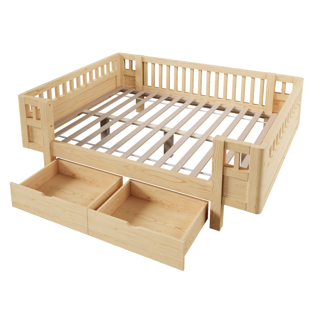 Letto per bambini 140x200 cm con sponde alte e 2 cassetti; struttura in pino e MDF; colore legno chiaro