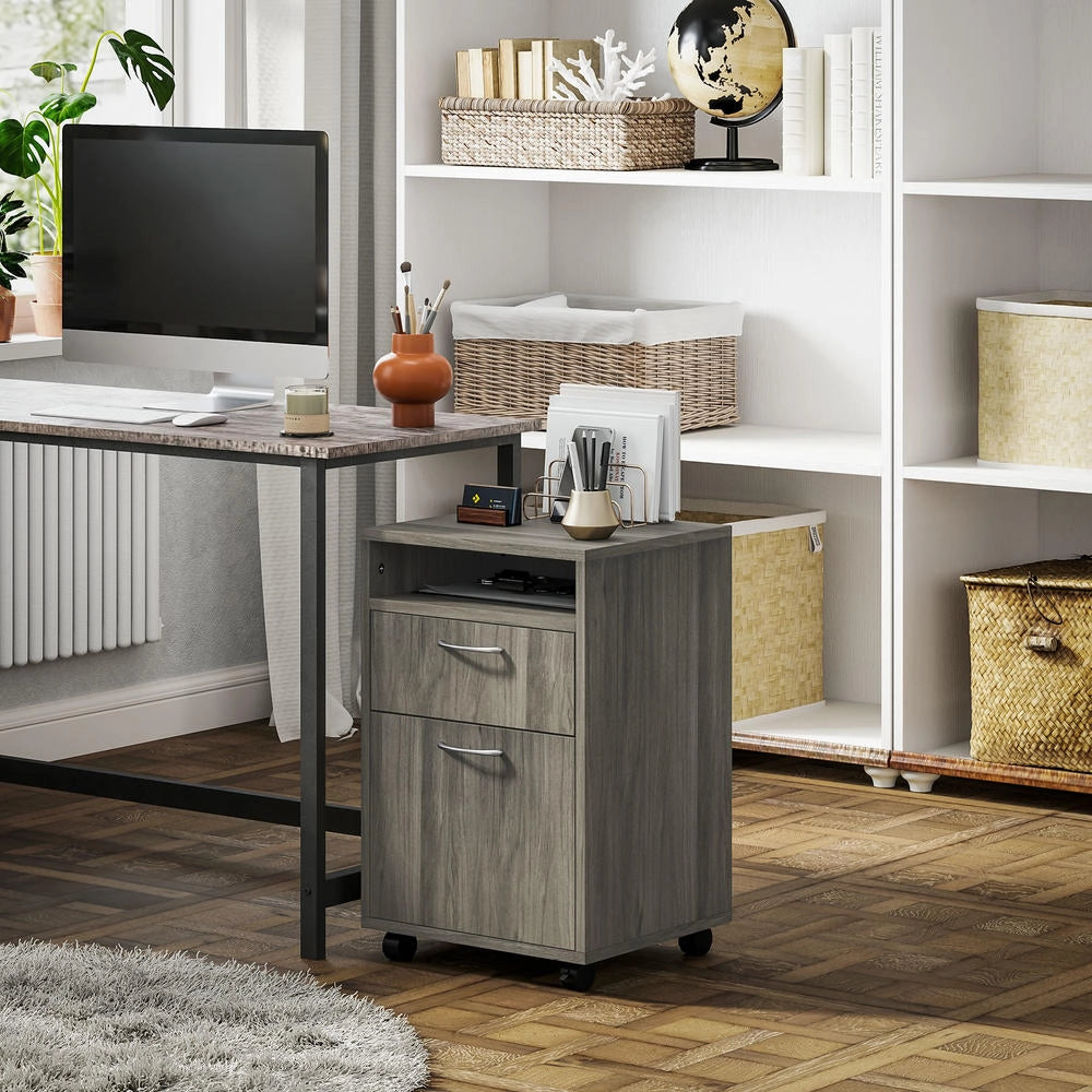 Cassettiera Portadocumenti con 4 Ruote e Ripiano Aperto, Mobiletto in Legno e Metallo, Pratico e Salvaspazio, per Casa e Ufficio, 40x35x60 cm, Grigio
