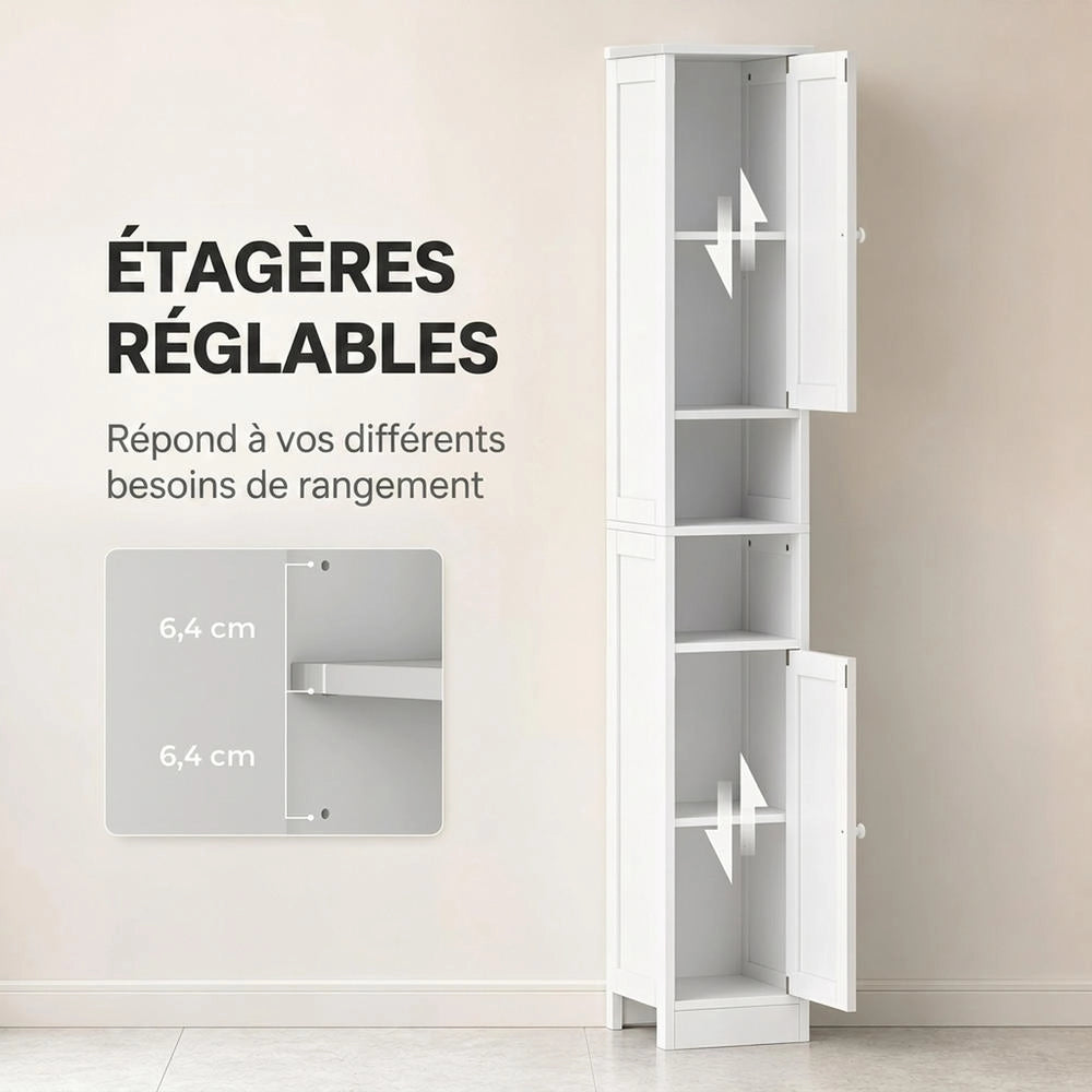 Mobile colonna bagno alto salvaspazio con 2 ante e 2 scomparti aperti, ripiani regolabili, bianco 30 cm