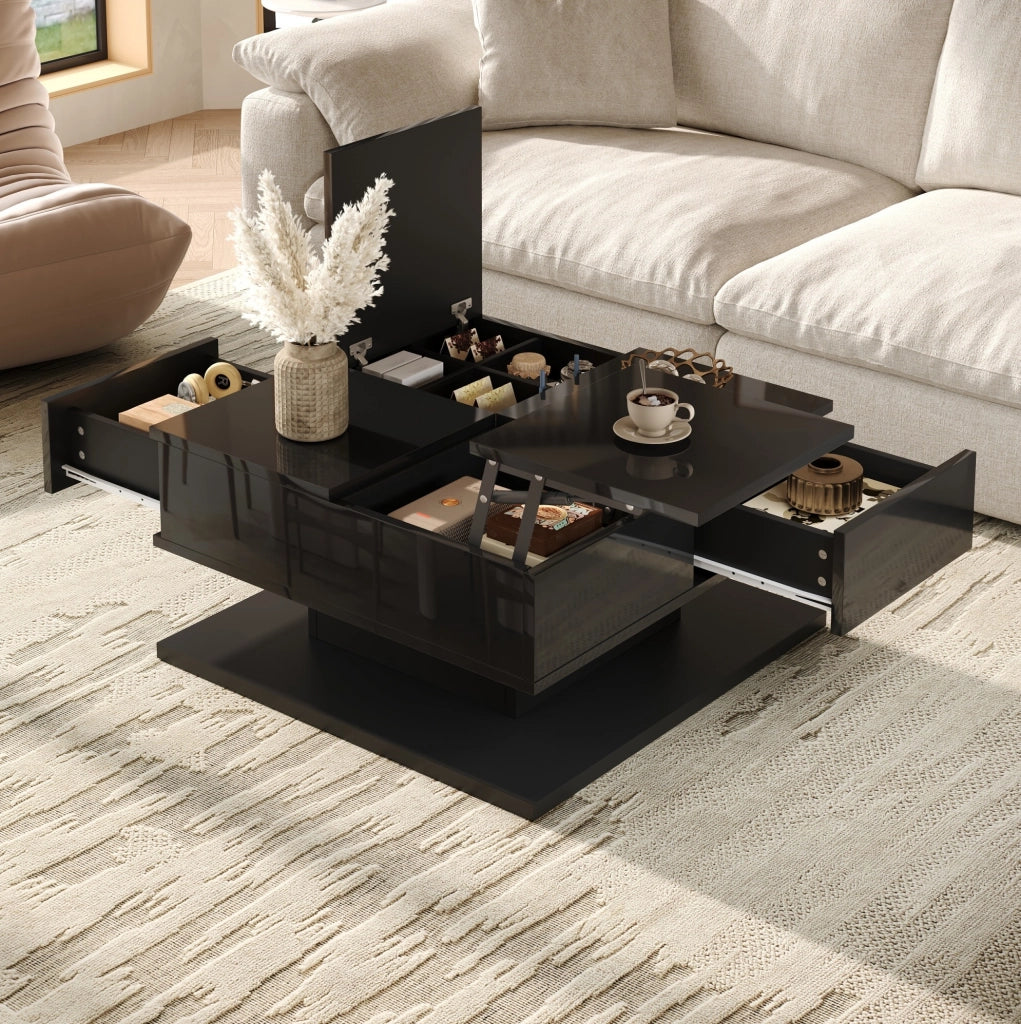 Tavolino da caffè 72x72x35 cm con piano sollevabile; LED app e 2 cassetti in MDF nero