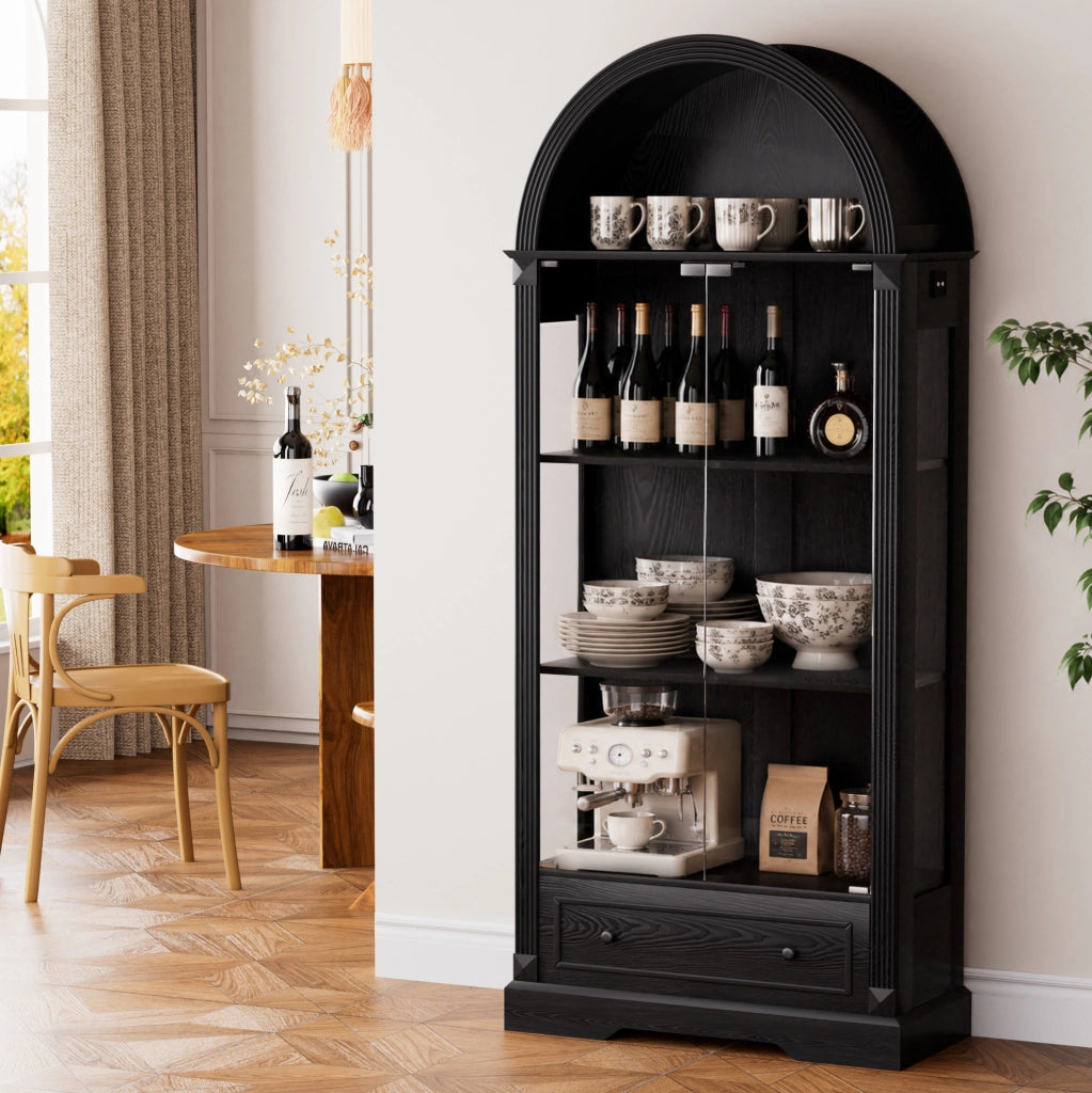 Vetrina ad arco nera in MDF e vetro, 80 × 35 × 180 cm