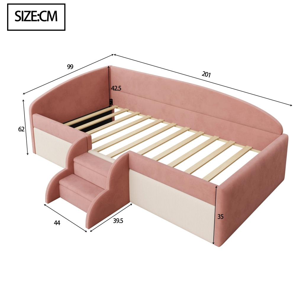 Letto per bambini imbottito 90 × 190 cm con rete a doghe in velluto rosa e bianco con scale e sponde laterali