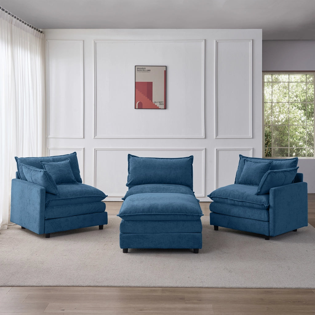 Divano angolare modulare a 3 posti con pouf mobile in ciniglia blu struttura in legno e cuscini sfoderabili