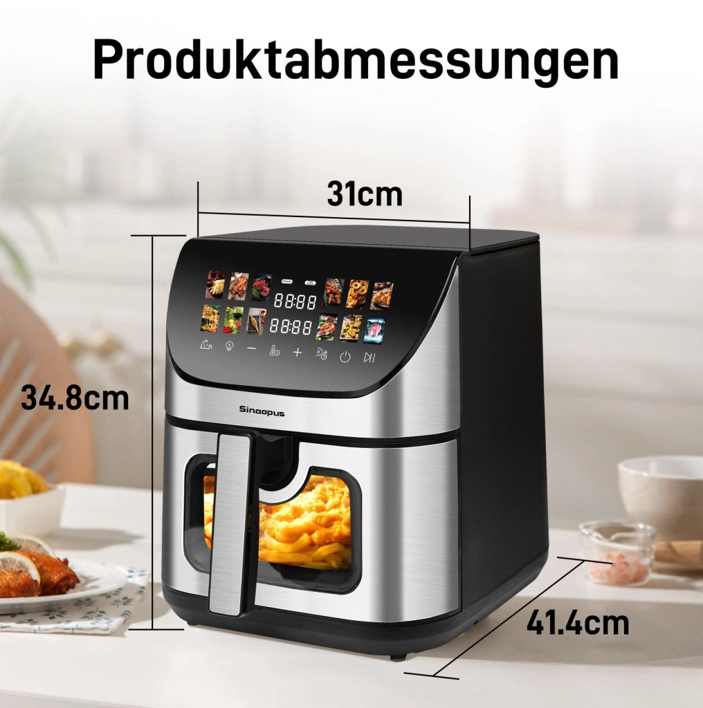 Friggitrice ad aria calda XXL 8,5 L nera con oblò, display a colori, 12 programmi