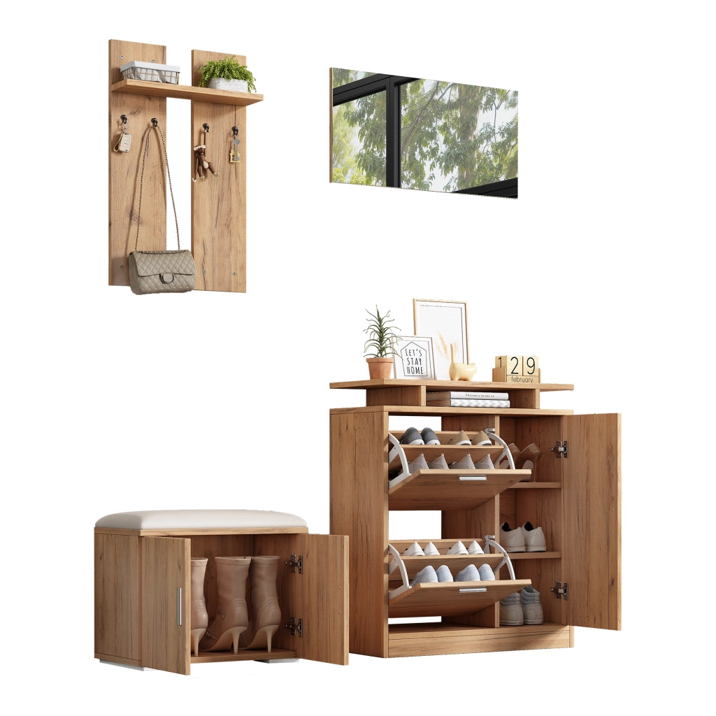 Mobile da ingresso 140 × 35 × 133 cm con scarpiera panca specchio e 4 ganci in pannello di particelle naturale