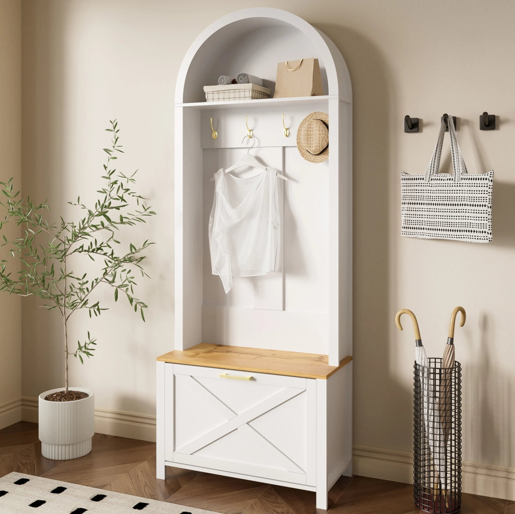 Guardaroba da ingresso 75x35x195 cm in MDF bianco e legno con scarpiera