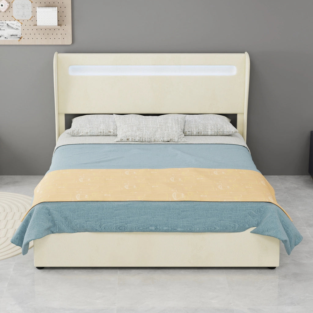 Letto contenitore adulti 140x200 cm con testiera regolabile e LED in tessuto beige per camera da letto, senza materasso
