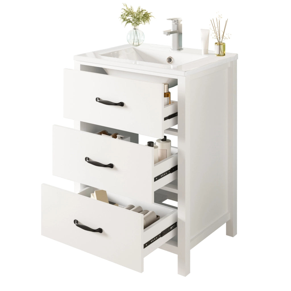 Mobile bagno 61 x 47 x 83 cm in MDF bianco con lavabo ceramico e 3 cassetti