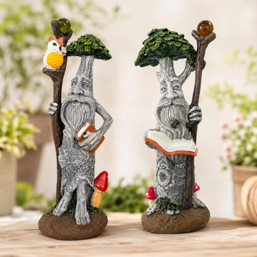 Set da 2 statue da giardino a tema "Baumgeist", realizzate in resina, dipinte a mano e resistenti agli agenti atmosferici