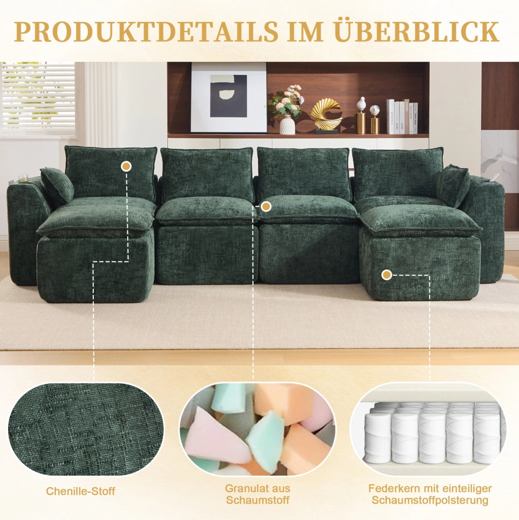 Divano modulare in ciniglia verde con tasche laterali e pouf