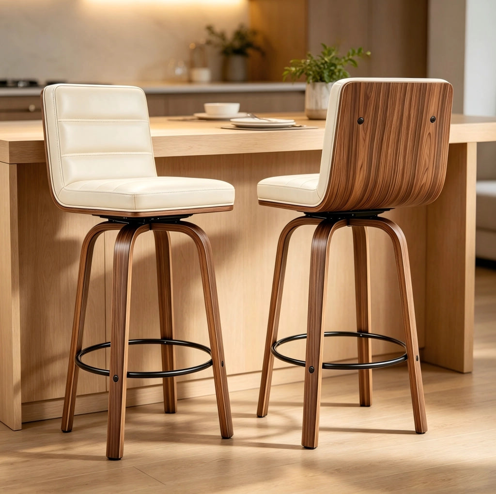 Sgabello da bar color crema con rivestimento in similpelle e gambe in faggio