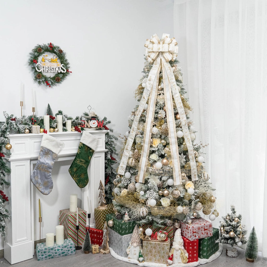 Nastro decorativo per albero di Natale, 130x30 cm, con glitter, bianco e oro