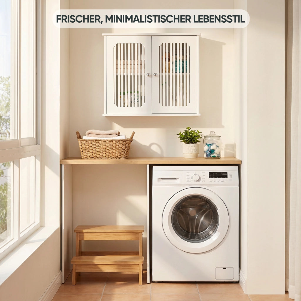 Mobile da bagno sospeso 69,3 × 43,8 × 11 cm con doppie ante a lamelle in MDF e pannello truciolare bianco