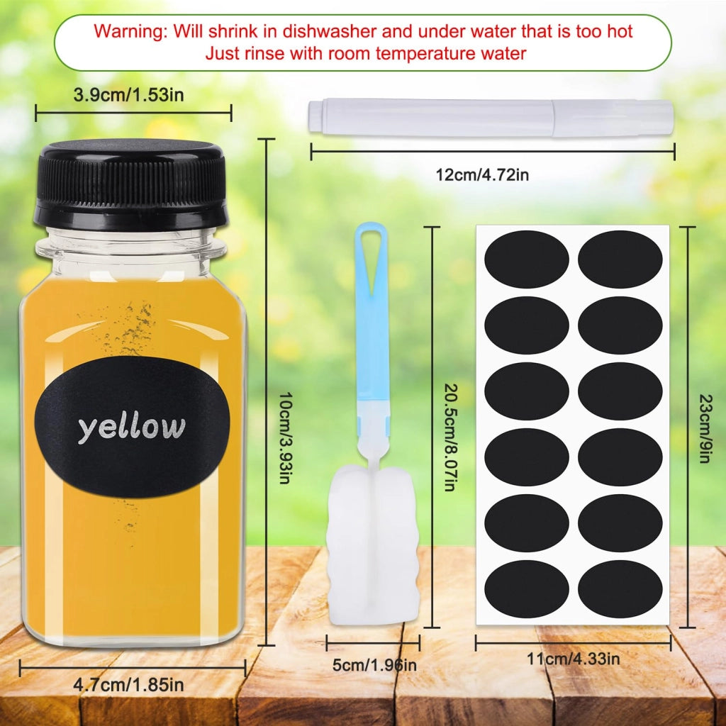 12 bottiglie di plastica da 150 ml, vuote, riutilizzabili, con etichette