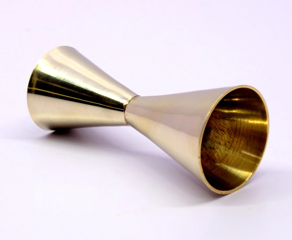 Misurino in ottone, con due lati da 30 e 60 ml, color argento