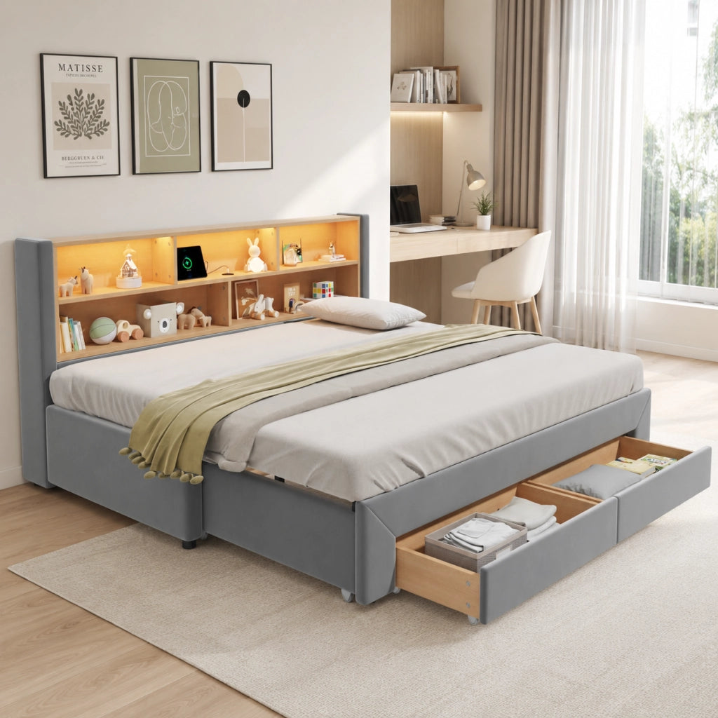 Letto singolo estraibile 90 × 200 cm estensibile a 180 × 200 cm con 2 cassetti USB Type-C LED velluto grigio