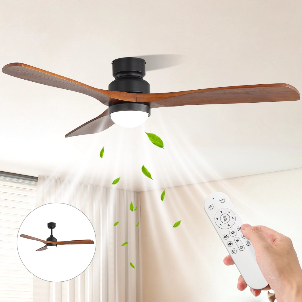 Ventilatore da soffitto da 52 pollici con luce LED dimmerabile; motore DC reversibile; telecomando; nero; in legno