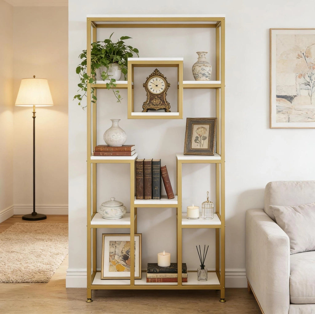 Libreria aperta 90 x 34 x 182 cm in metallo e legno, oro e bianco