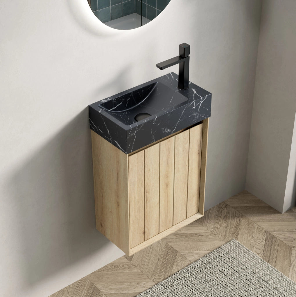 Mobile bagno con lavandino in marmo nero 40 cm, mobile in multistrato con porta in legno di rovere bianco effetto venatura