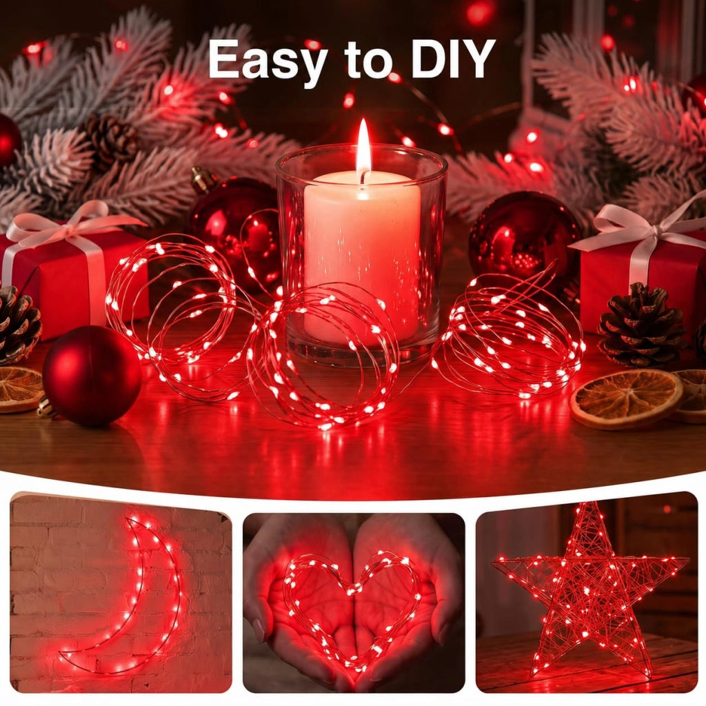 Catena luminosa con timer, 30 LED, colore rosso, impermeabile, lunghezza 3 metri