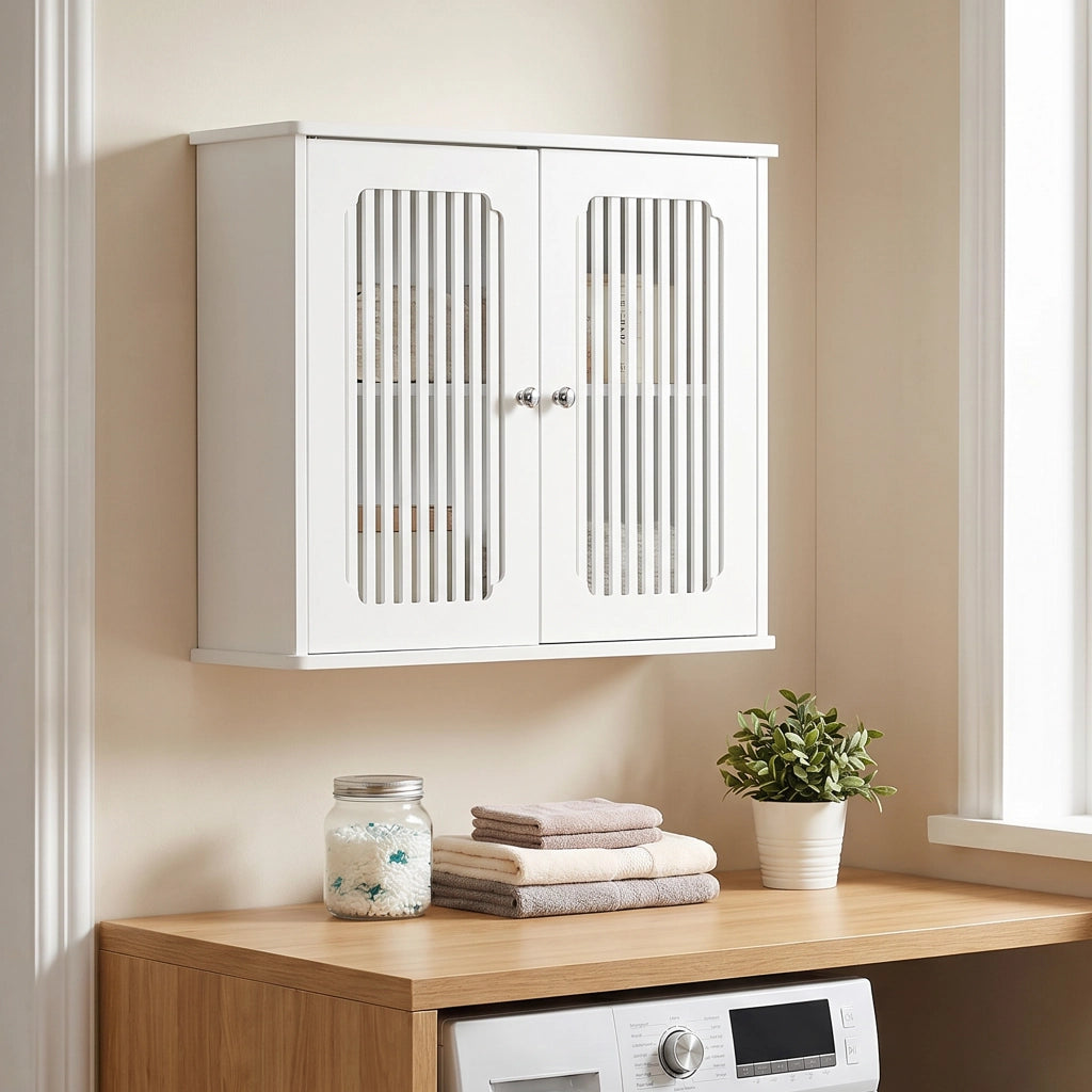 Mobile da bagno sospeso 69,3 × 43,8 × 11 cm con doppie ante a lamelle in MDF e pannello truciolare bianco